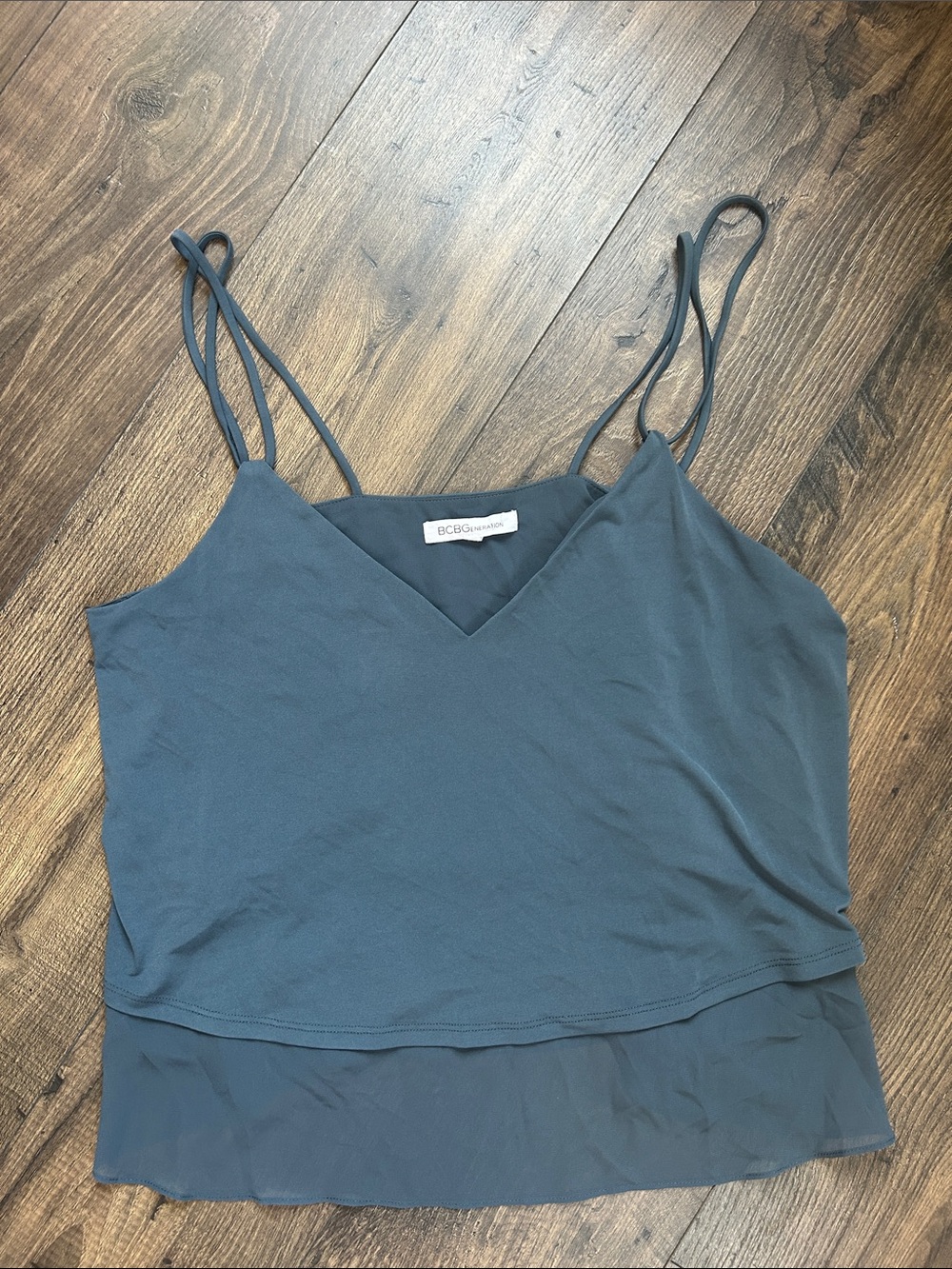 BCBG Generation layered camisole top in a muted slate blue